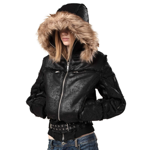 Blouson aviateur personnalisé en fausse fourrure cadrée, manteau bomber en cuir noir pour le streetwear, vente en gros, MOQ 50 pièces - Product Image 5
