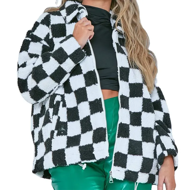 2022 Offre Spéciale automne et d'hiver noir Et Blanc plaid fourrure Oversize Zip Up Femmes manteau