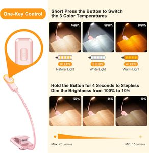 Lampe de lecture LED moderne portable avec protection oculaire, 3 niveaux de température de couleur (nuances noir/rose/blanc) – Cadeau d'anniversaire pour étudiants - Product Image 3