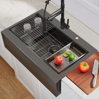 Noir goutte en 304 acier inoxydable ferme bol unique tablier avant poste de travail évier fregaderos de cocina