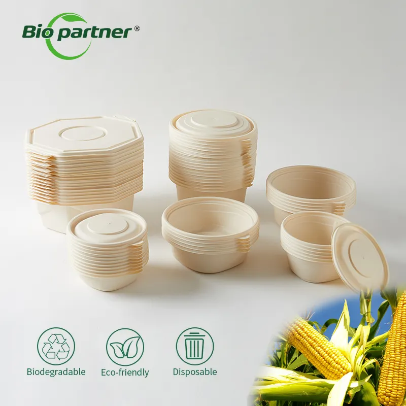 Customized Mould Corn Starch Round Noodle Microwave Biodegradable Corn Starch Disposable Plastic Salad Bowls With Lid