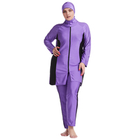 Burkinis rayés personnalisés pour femmes grandes tailles, ensemble 3 pièces avec fermeture éclair, compatible hijab, pantalon couvrant intégral, col montant, logo frontal