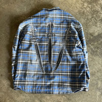 Kemeja Pria Kustom Grosir Motif Kotak-kotak Kancing Depan, Efek Pudar Bleach, Lengan Bermotif Gothic, Bordir Distressed, Vintage Y2K Grunge