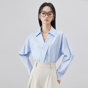Women's White Long Sleeve Shirt With V Neck And Pocket Black Skirt Set For Office Wear - Product Image 2