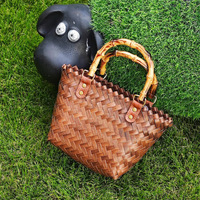 Tas Anyaman Bambu Retro dengan Pegangan, Tas Keranjang Jerami Buatan Tangan, Tas Belanja Pantai Musim Panas Vintage, Tas Tangan Wanita Kapasitas Besar