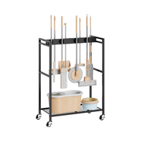 Meuble de rangement mobile double moderne pour usage domestique et professionnel, avec support pour balais et serpillères, en métal, pour salon