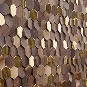 Décoration murale en noyer noir, panneau en bois massif, mosaïque en noyer foncé, accent métallique - Product Image 6