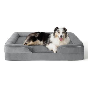 Cama de perro de espuma viscoelástica ortopédica de felpa gris personalizada al por mayor, cama rectangular no masticable para mascotas con almohada de 4 lados, cuenco de acero - Product Image 6