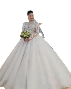 Fancy Beading Lace Wedding Dress Illusion Long Sleeve Ball Gown Bridal Dress