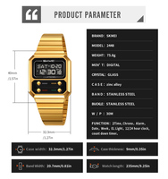 SKMEI # 2448 Jam Tangan Digital Mewah Trendy Warna Emas Bahan Stainless Steel Tahan Air 30M Kaca Cermin Lampu EL Alarm Hitung Mundur