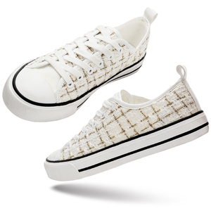 Baskets en caoutchouc pour femmes, chaussures en Tweed noir et blanc à carreaux pour femmes, hauts bas en cuir à lacets, chaussures en <span class=keywords><strong>toile</strong></span> confortables, vente en gros - Product Image 3