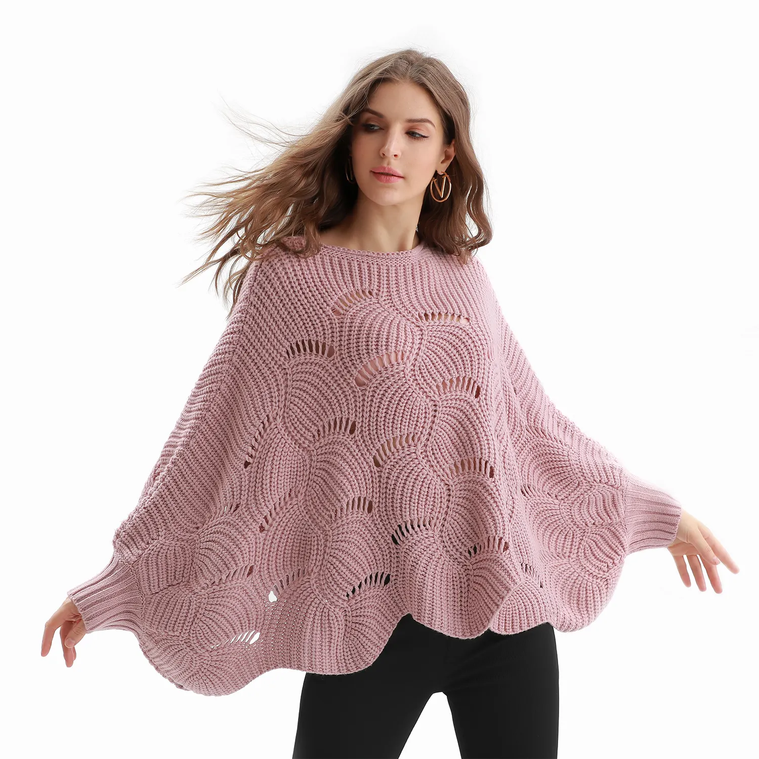2021 Penjualan Laris <span class=keywords><strong>Syal</strong></span> Ponco Pucat untuk Sweter Rajut Merah Muda Wanita