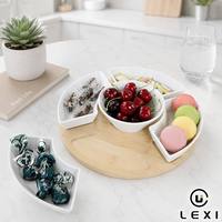 Ensemble de service moderne en porcelaine blanche, plateau rond en bois, bol en céramique en forme d'éventail, plat à bonbons cerise macaron pour la maison, la cuisine, les fêtes, les cadeaux