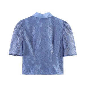 Camicetta da Donna con Colletto Rovesciato, <span class=keywords><strong>Blu</strong></span> con <span class=keywords><strong>Pizzo</strong></span> Floreale, Manica Corta, Stile Casual e alla Moda - Product Image 2