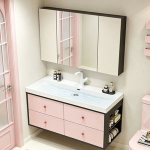 Mueble de Baño Moderno de Mediados de Siglo, Estilo <span class=keywords><strong>Bauhaus</strong></span>, con Espejo Pintado en Cerámica, Paneles Laterales Negros y Rosas, Gabinete de Almacenamiento - Product Image 3