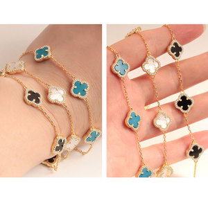 High Quality Black Agate Turquoise mother of pearl Four Leaf Pearl Chain Bracelet 925 Sterling Silver Hot Selling Lucky Jewelry - Product Image 6