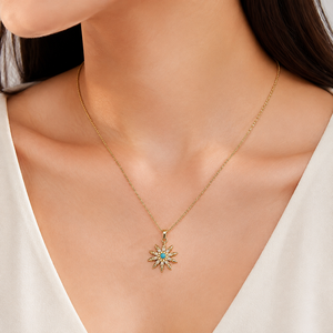 Blue Center Sunburst Necklace Stainless Steel 14K <b>Gold</b> Vacuum Plated Bead and Zircon Pendant <b>Gold</b> Silver Colors - Product Image 5