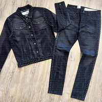Ensemble Complet Deux Pièces Hip Hop Personnalisé Veste Boutonnée à Clous et Rivets et Jean Droit, Costume en Denim pour Hommes