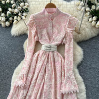 Robe décontractée élégante pour femme WIWT, coupe trapèze, broderie en dentelle, manches longues, col montant, avec ceinture, pour le quotidien et les vacances