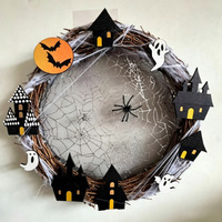 Untuk Halloween, Dekorasi Ruang Tamu Pesta Festival Hantu Kayu, Hiasan Dinding Rumah Kelelawar, Karangan Bunga, Jaring Laba-laba, Bunga, Ornamen Gantung Dinding, Baterai