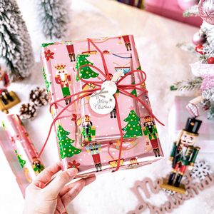 <b>Pink</b> Metallized Christmas Gift <b>Wrap</b> Paper with Nutcracker and Tree Pattern Double Side Coated for Holiday Crafting - Product Image 1