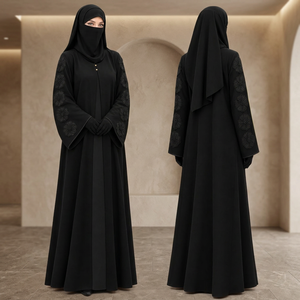 Robe Abaya en polyester noir brodée avec un ensemble niqab et hijab, manches longues, col haut, vêtements de mariage modestes pour femmes musulmanes - Product Image 1