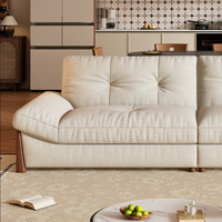 Dreisitzer-Sofa mit Knopfheftung aus Leinen, Massivholz-Sofa mit breiten Armlehnen, Mid-Century-Sofa mit tiefer Sitzfläche für das Wohnzimmer