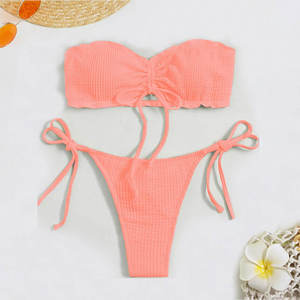 Ensemble bikini bandeau côtelé vert néon pour femme, maillot de bain deux pièces en maille extensible de couleur unie avec liens latéraux, tenue de plage - Product Image 5