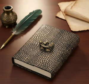 สมุดบันทึกหนังจระเข้ลายนูนทำมือ ปกสีบรอนซ์แบบเรียบง่าย พร้อมกระดาษขอบหยัก สไตล์วินเทจ - Product Image 1