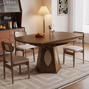 Nordic Modern Extendable Dining Table Rattan-<strong>Inlaid</strong> Pedestal Base Solid <strong>Wood</strong> Waterproof Assembled for Home Hotel Dining Room - Product Image 2
