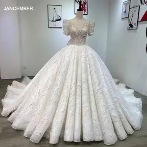 नई लक्जरी शादी की पोशाक 2024 मूल डिजाइन फुल बीडिंग ब्राइडल ड्रेस छोटी आस्तीन वाली सेक्विन वाली लेस वाली शादी की पोशाक Wm45
