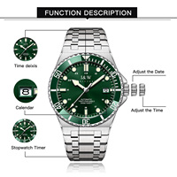 Best-seller I&W Montre de plongée automatique de luxe pour homme Cadran vert Étanche en acier inoxydable Montre mécanique avec mouvement