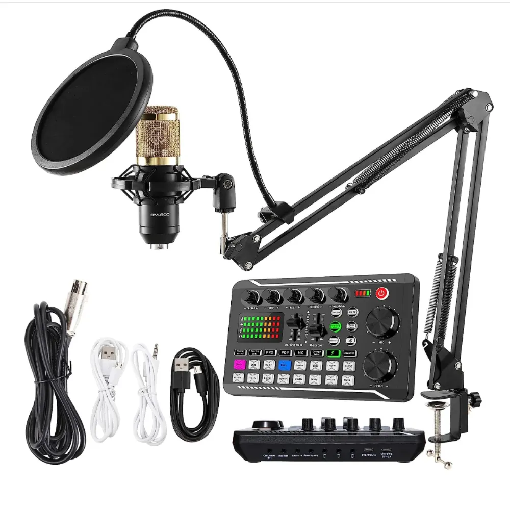 XY kondenser mikrofon Podcast ekipmanları stüdyo kayıt vokal için Tripod standı ve profesyonel ses mikseri ile paket,