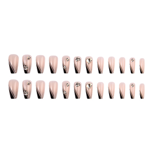 24 Pezzi Unghie Finte Nude Nere Stile French Press-on, Forma Coffin Media con <span class=keywords><strong>Cuore</strong></span> e Strass, Unghie Finte in ABS alla Moda per Donne - Product Image 5