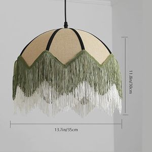 Lampada a Sospensione Vintage Francese con <span class=keywords><strong>Paralume</strong></span> in Lino <span class=keywords><strong>Verde</strong></span> e Nappe, Illuminazione LED per Camera da Letto, Sala da Tè, Soggiorno e Sala da Pranzo - Product Image 4