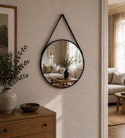 Miroir mural rond moderne en PVC de 3 mm avec sangle de suspension en similicuir, style nordique, miroir décoratif pour chambre à coucher et salle de bain