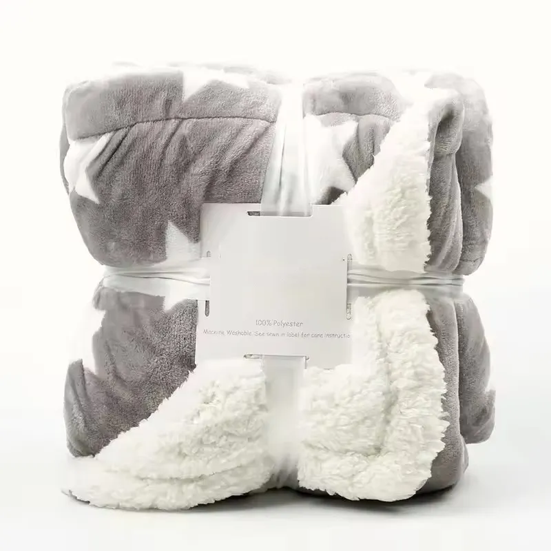 Bedding Queen Size Grey 300gsm Fluffy Blanket Star Print Cozy Coral Fleece Sherpa Blankets