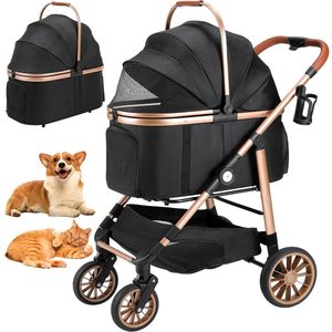 Poussette pliable à 4 roues de qualité supérieure pour animaux de compagnie Poussette pour chien 3-en-1 avec support détachable pour chiens de petite à moyenne taille jusqu'à 55lb - Product Image 1