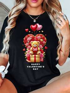 T-shirt da donna per San Valentino a maniche corte, girocollo, con stampa orsetto, rosa e cuore, top casual 100% cotone, lavabile in lavatrice - Product Image 3