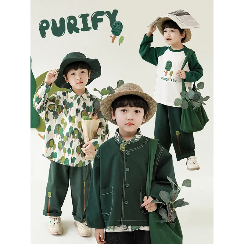 Setelan baju anak laki-laki, kaus motif Digital segar, mantel benang terbuka, celana panjang bordir pita musim gugur, pakaian modis kembar