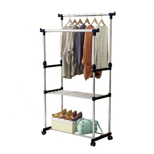 Double Rod Garment <strong>Clothing</strong> Rack, Rolling Clothes Racks, Hanging <strong>Rail</strong> on Wheels - Product Image 3