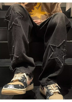 Jeans Ample Homme à Jambes Droites Coupe Large de Mode Automne, Denim Brodé Étoiles Colorées, Style Petit Ami Décontracté, Taille Haute Streetwear Été