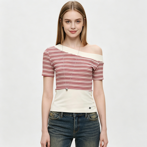 Blusa Casual de Verano para Mujer, Personalizada, con Rayas <span class=keywords><strong>Rojas</strong></span> y Blancas, Hombros Descubiertos, Manga Corta, Bloques de Color, Tejido Asimétrico, Corte Ajustado - Product Image 1
