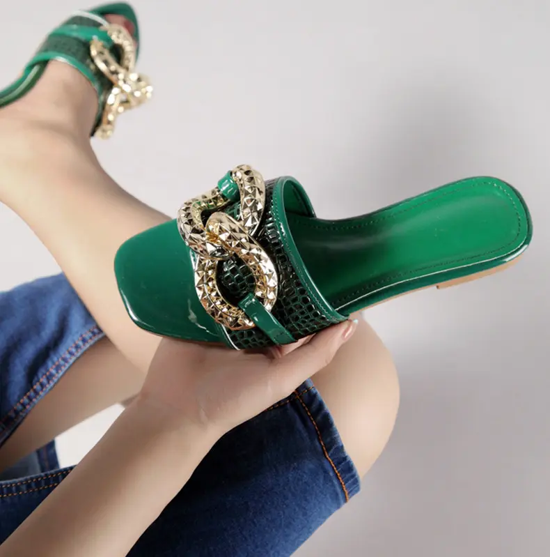 PL0224-Zapatillas de cadena para mujer, zapatos planos de talla grande a la moda para verano