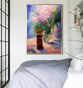 Nouvel Art beau Vase peinture peinte à la main de haute qualité beau chat et fleur rose peinture à l'huile pour chambre décor peinture murale - Product Image 2