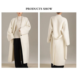 <span class=keywords><strong>Long</strong></span> <span class=keywords><strong>manteau</strong></span> en laine <span class=keywords><strong>blanc</strong></span> d'hiver fait à la main pour femmes <span class=keywords><strong>avec</strong></span> <span class=keywords><strong>ceinture</strong></span> à fermeture double face et poches pour la chaleur - Product Image 2