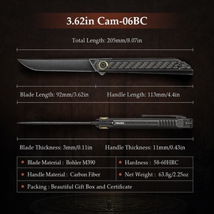 Đen Stonewash M390 lưỡi tích hợp titan xử lý sợi Carbon & đảo ngược Clip EDC chiến thuật mỏng gấp Dao Bỏ Túi - Product Image 3