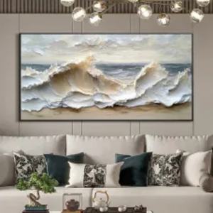 Pintura Texturizada en 3D de Olas Costeras, Arte Mural Abstracto Horizontal Inspirado en el Océano para Decoración de Sala de Estar Moderna o Vestíbulo de Hotel - Product Image 2