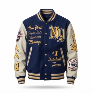 Veste universitaire personnalisée avec manches crème, broderie chenille, lettres d'équipe, New York, baseball, boutons pression, fabrication OEM directe d'usine - Product Image 1
