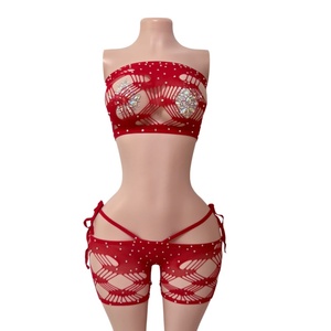 Ensemble 2 pièces Carnival Hot Diamond Tube Top imprimé sexy à grandes mailles et lacets, tenue de pole dance, vêtements de danse exotiques - Product Image 2